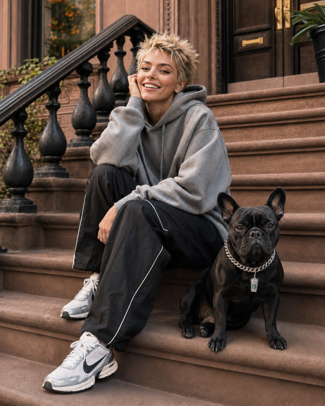 A model on brownstone steps beside a French Bulldog wearing a CHŌKA sterling silver Cuban link collar