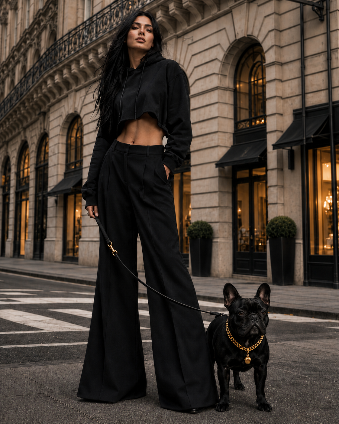 A model in black walks a French Bulldog wearing a CHŌKA 18K gold Cuban link collar through a Parisian street